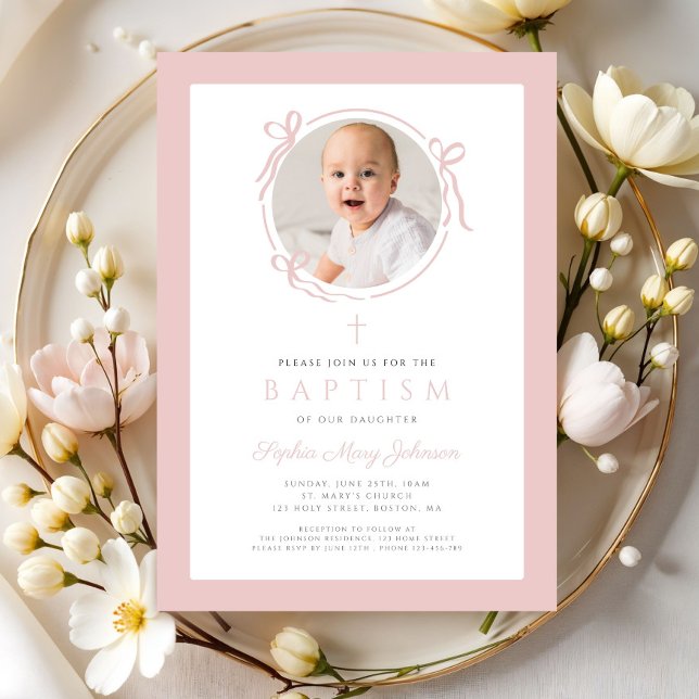 Convites Elegante Batismo de Foto com Laço Rosa (Elegant Blush Pink Bow Photo Baptism Invitation)