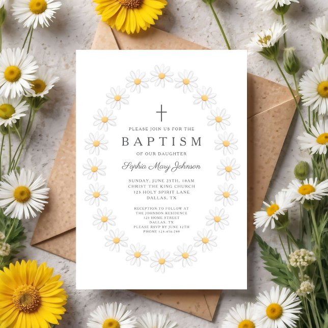 Convites Elegante Batismo de Menina com Flores de Margarida (Elegant Floral Daisies Girl Baptism Invitation)