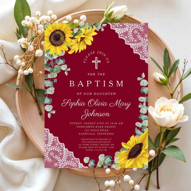 Convites Elegante Batismo de Menina com Girassóis Burgundy (Elegant Burgundy Sunflowers Girl Baptism Invitation)