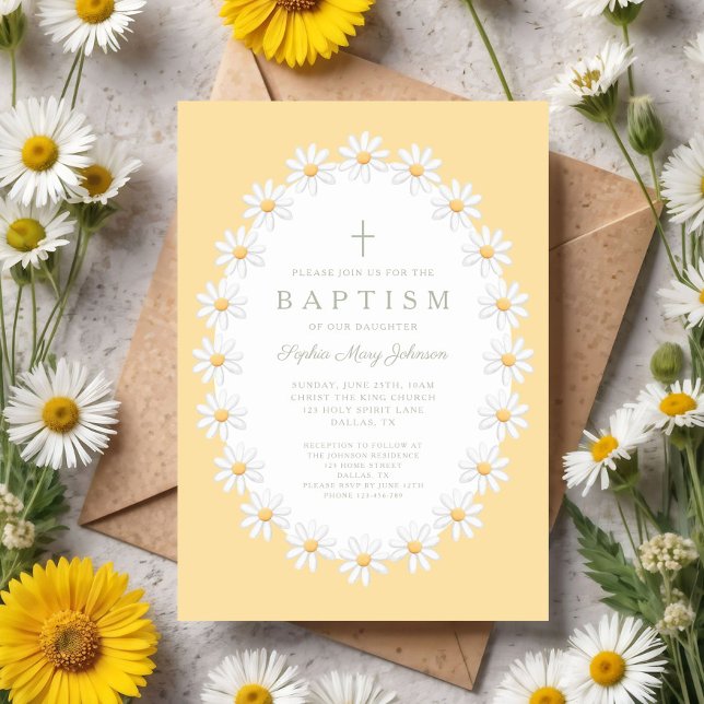 Convites Elegante Batismo de Menina com Margaridas Florais (Elegant Floral Daisies Girl Baptism Invitation)