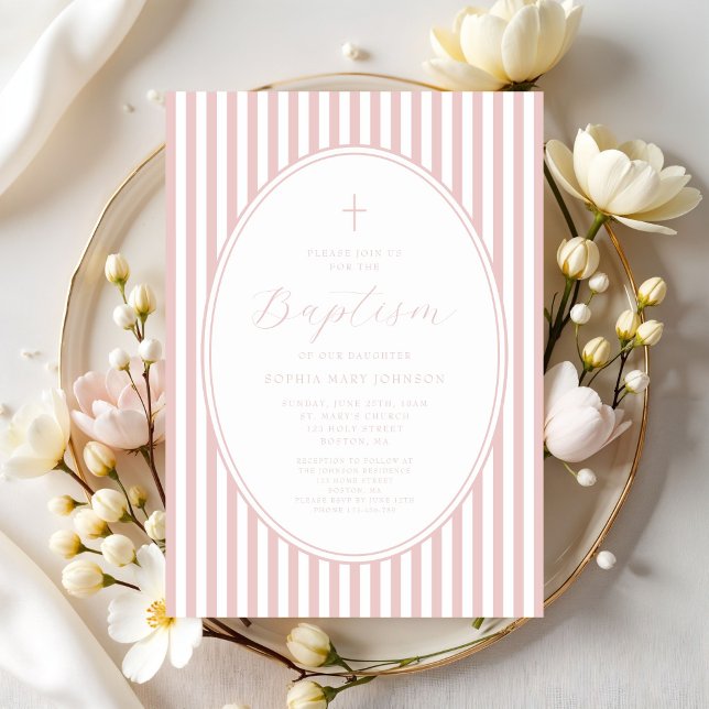 Convites Elegante Batismo de Menina em Script Rosa (Elegant Pink Script Girl Baptism Invitation)