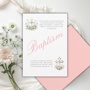 Convites Elegante Batismo de Menina Religiosa em Rosa