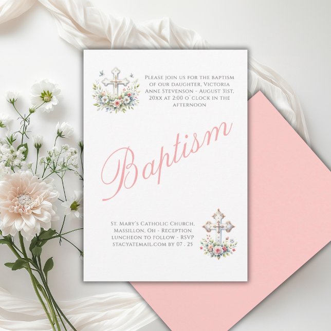 Convites Elegante Batismo de Menina Religiosa em Rosa (Criador carregado)