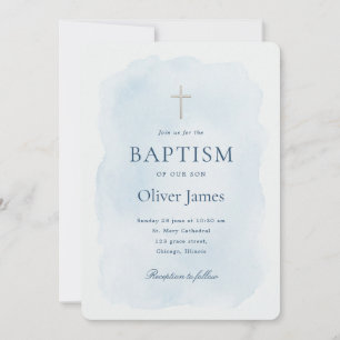Convites Elegante Batismo de Menino Cruz Dourada Aquarela A