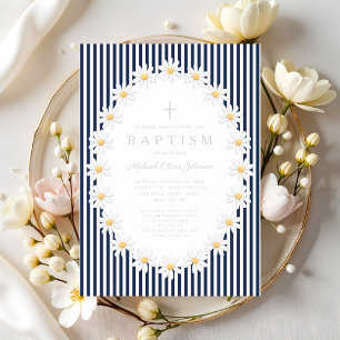 Convites Elegante Batismo Floral Azul Marinho Menino