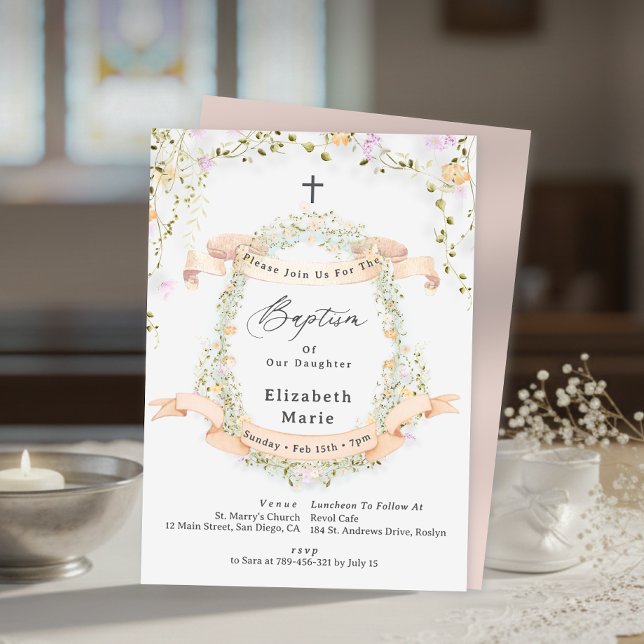 Convites Elegante Batismo Floral de Flores Silvestres da Pr (Elegant Spring Summer Wildflower Floral Baptism Invitation)