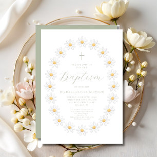 Convites Elegante Batismo Floral em Verde Sage Roscas