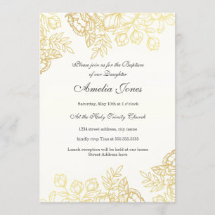 Convites Elegante Batismo Floral Vintage Dourado