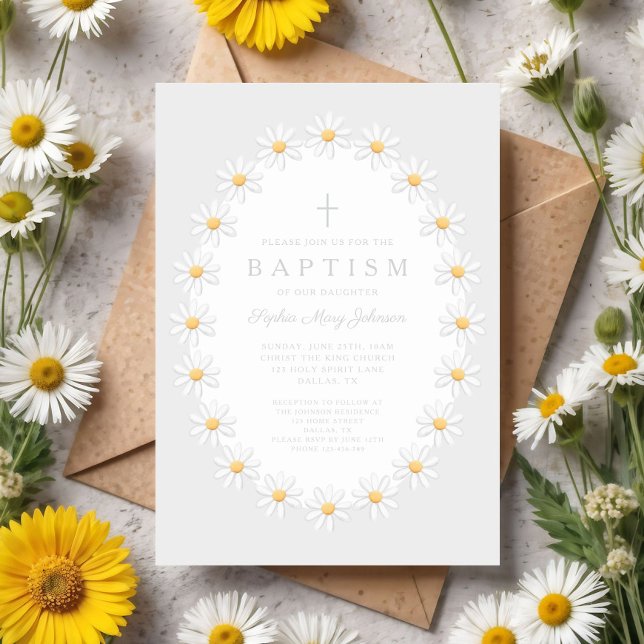 Convites Elegante Batismo Menina Margaridas Florais (Elegant Floral Daisies Girl Baptism Invitation)