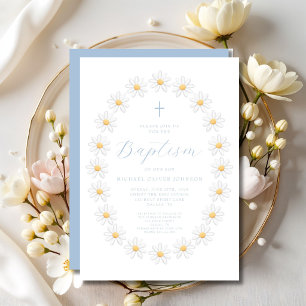 Convites Elegante Batismo Menino Floral Script Azul Bebê