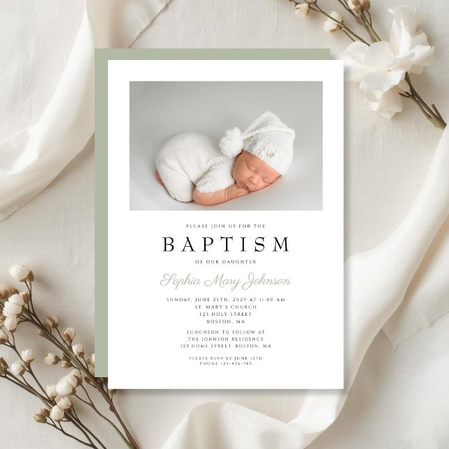 Convites Elegante Batismo Menino Foto Verde Salvia (Sage Green Elegant Photo Boy Baptism Invitation)