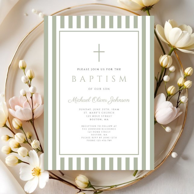 Convites Elegante Batismo Menino Verde Sage Religioso (Elegant Religious Sage Green Boy Baptism Invitation)