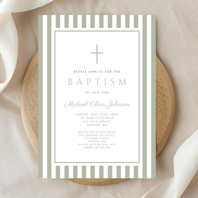 Convites Elegante Batismo Menino Verde Sage Religioso (Elegant Religious Sage Green Boy Baptism Invitation)
