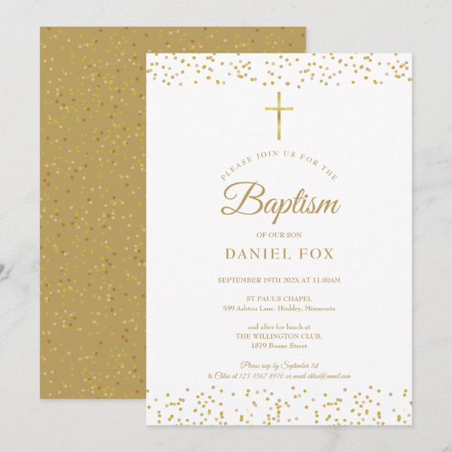 Convites Elegante Batismo ou Cristo com Poeira de Ouro (Frente/Verso)