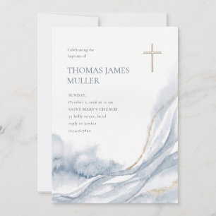 Convites Elegante Batismo Religioso Aquarela Azul Dourado