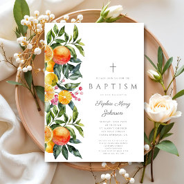 Convites Elegante Batismo Religioso de Menina Cítrica Botân