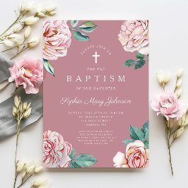Convites Elegante Batismo Religioso Floral Rosa Menina