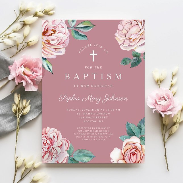 Convites Elegante Batismo Religioso Floral Rosa Menina (Religious Cross Dusty Pink Peonies Girl Baptism Invitation)
