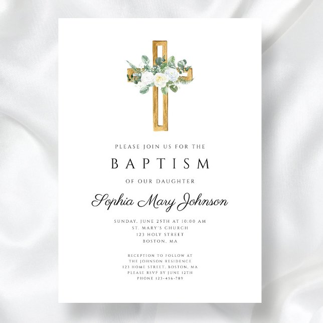 Convites Elegante Batismo Religioso Menina Floral Branco (Elegant Religious White Floral Girl Baptism Invitation)