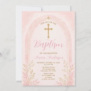 Convites Elegante Batismo Rosa Cruz Dourada Arco Floral Boh
