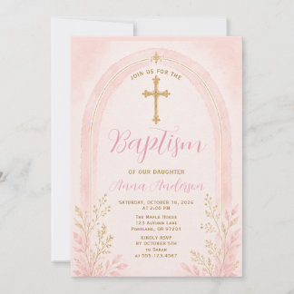 Convites Elegante Batismo Rosa Cruz Dourada Arco Floral Boh