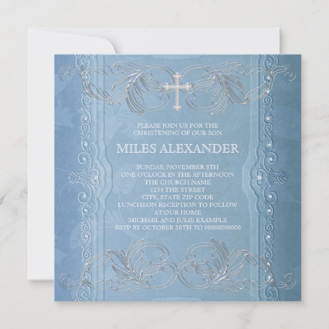 Convites Elegante Batizado de Bebê Menino Azul e Branco (Frente)