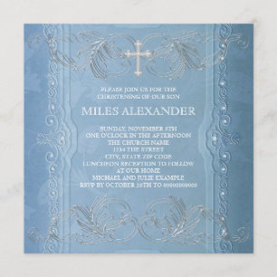 Convites Elegante Batizado de Bebê Menino Azul e Branco