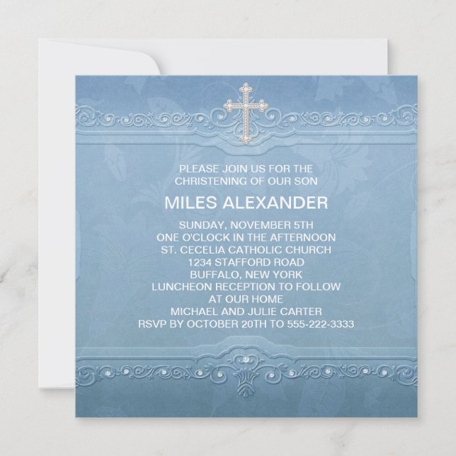 Convites Elegante Batizado de Bebê Menino Azul e Branco (Frente)