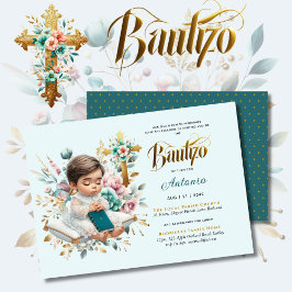 Convites Elegante BAUTIZO Turquoise Dourada Cruz Floral