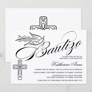 Convites Elegante Bautizo Vintage Script Cross and Dove