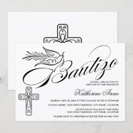Convites Elegante Bautizo Vintage Script Cruz e Pombo