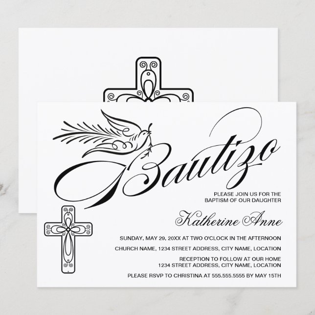 Convites Elegante Bautizo Vintage Script Cruz e Pombo (Frente/Verso)