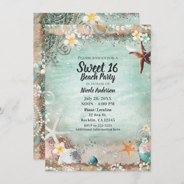 Convites Elegante Beach Sea Starfish & Pearls Sweet 16 Part (Frente/Verso)