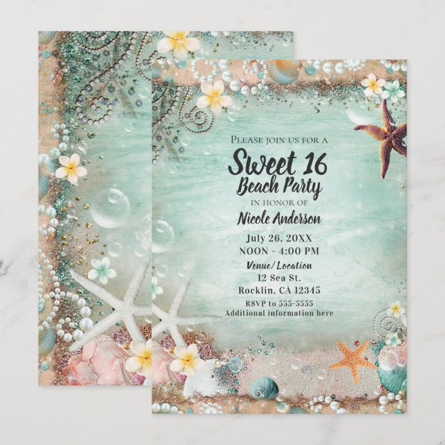 Convites Elegante Beach Sea Starfish & Pearls Sweet 16 Phot (Frente/Verso)