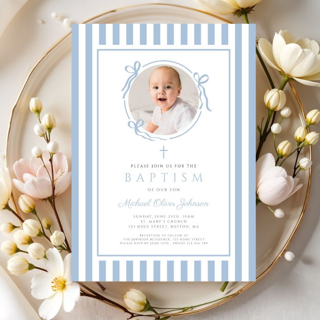 Convites Elegante Bebê Arco Azul Foto Menino Batismo (Elegant Baby Blue Bow Photo Boy Baptism Invitation)
