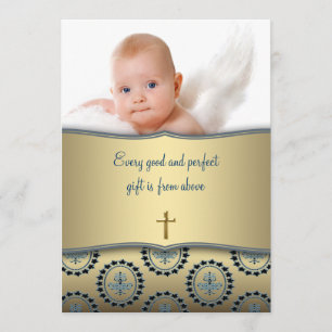 Convites Elegante Bebê Menino Azul e Dourado Foto Batizado