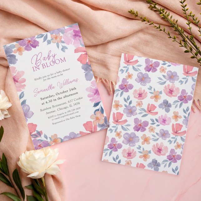 Convites Elegante Bebê Rosa em Flor Floral  (Criador carregado)