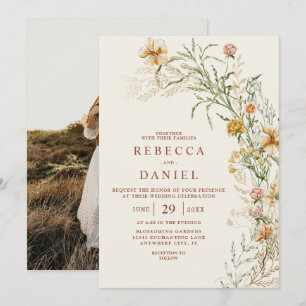 Convites Elegante Bege Boho Floral Foto Casamento