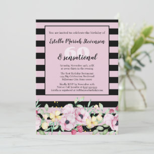 Convites Elegante Bege Preto Rosa Listrado Floral Aniversár