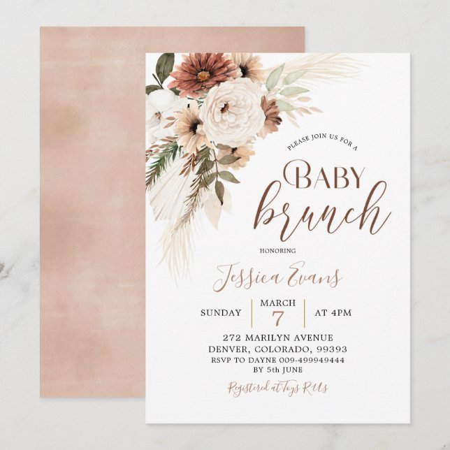 Convites Elegante Beige Boho Pampas Grass Baby Brunch (Frente/Verso)