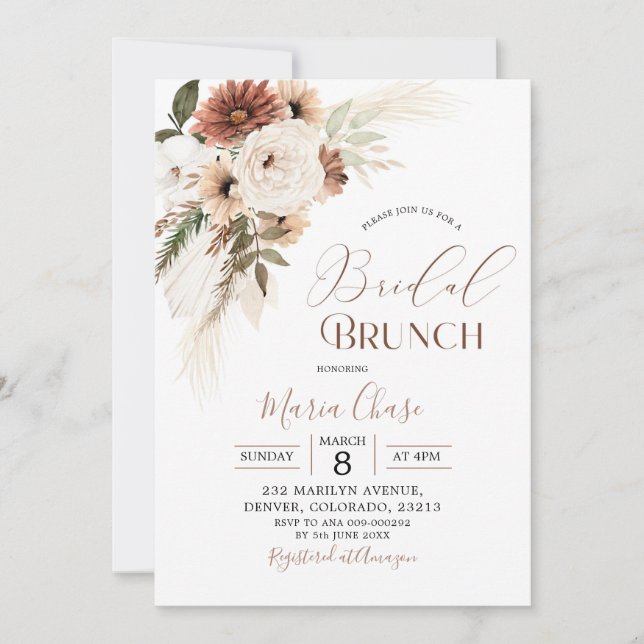 Convites Elegante Beige Boho Pampas Grass Bridal Brunch (Frente)