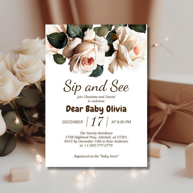 Convites Elegante Beige Rosa Sip and See Girl Chá de fralda (Gentle Sip & See Baby Shower Invite!)