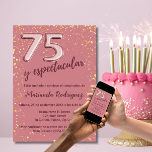 Convites Elegante Bela Rosa Dourado Aniversário de 75 anos 