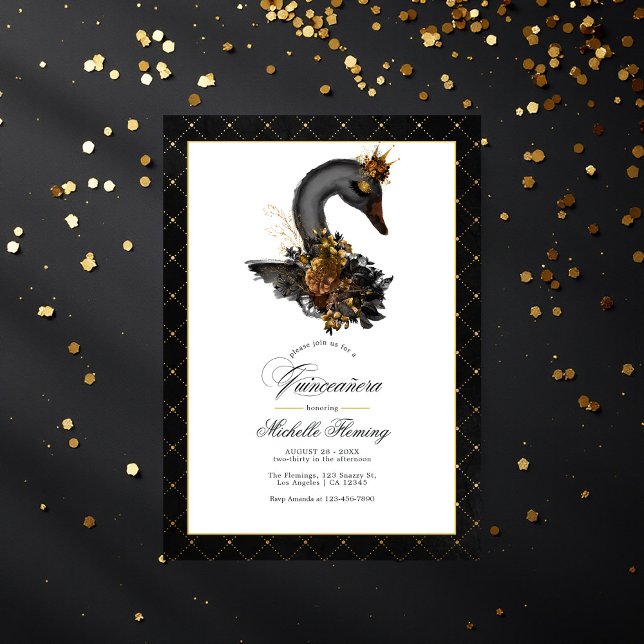 Convites Elegante Black and Dourado Swan Quinceañera Foto (Elegant Black and Gold Swan Quinceañera Photo Invitation)