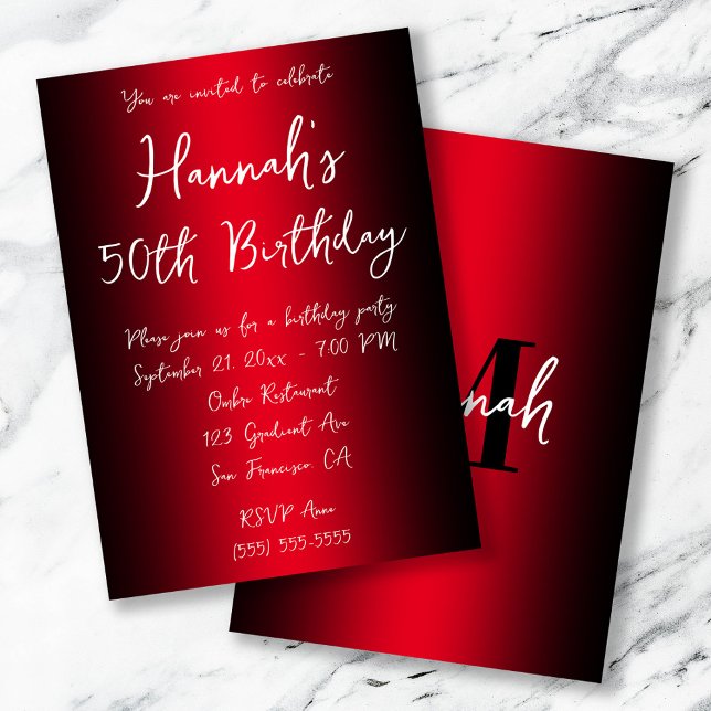 Convites Elegante Black and Red Ombre 50º Aniversário (Elegant Black and Red Ombre 50th Birthday Invitation)