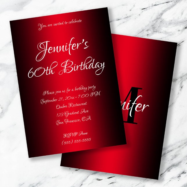 Convites Elegante Black and Red Ombre 60º Aniversário (Black and Red Ombre Monogrammed Birthday Invite)