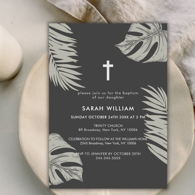 Convites Elegante Black Boho Deixa o batismo cruzado (Elegant Black Boho Leave Gold Cross Baptism Invitation)