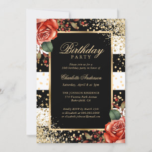 Convites Elegante Black Confetti Rosa vermelha Noivado Dour