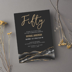 Convites Elegante Black Dourado Agate 50ª Festa de aniversá