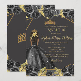 Convites Elegante Black Dourado Floral Princess SWEET 16